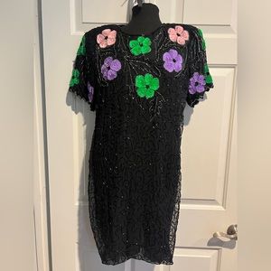 Carina Vintage Ornate Beaded & Sequined Short Sleeve Midi Dress Women’s Size M